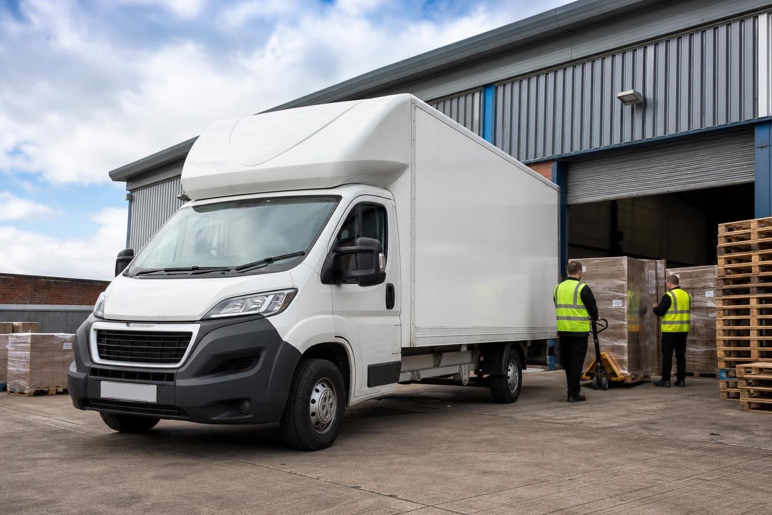 Commercial hire truck at an industrial estate loading area with palletised goods
