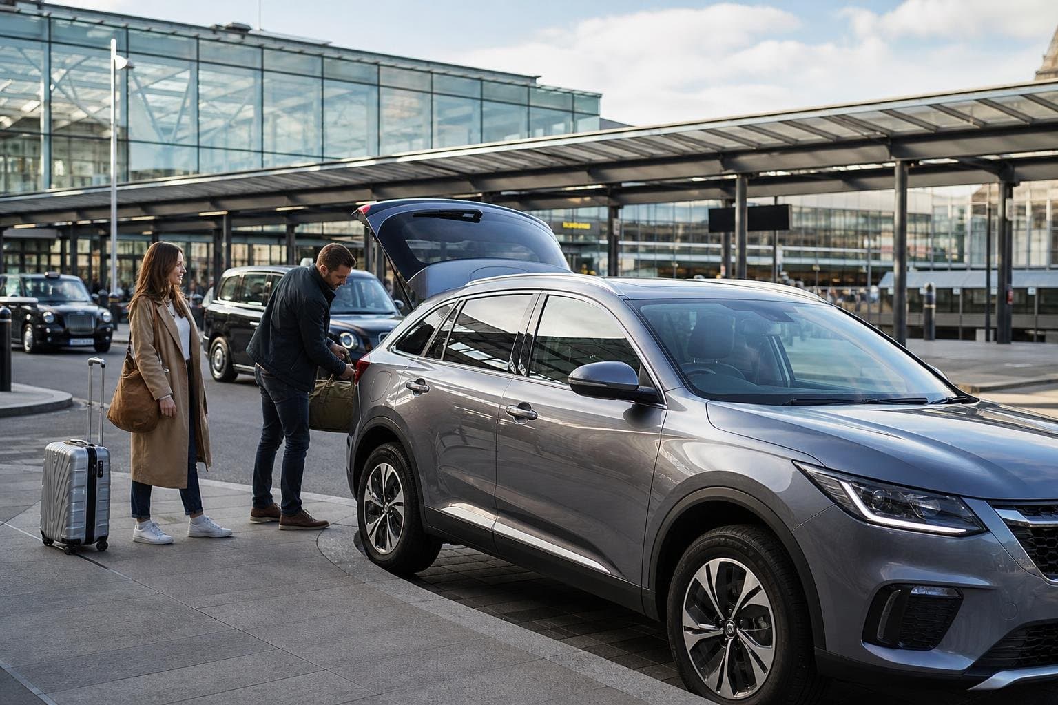 Passenger hire car at a station forecourt ready for a regional journey