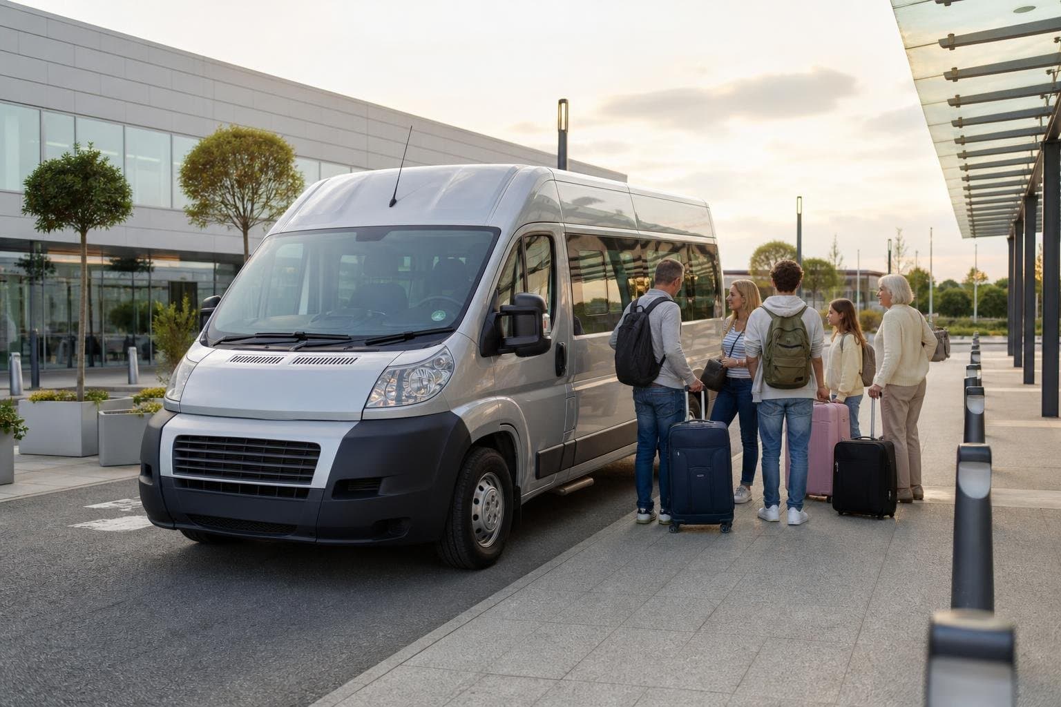 Self-drive minibus with a group and luggage at a travel departure point